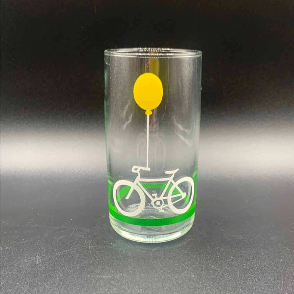 Vintage Anchor Hocking White Bicycle Yellow Balloon Green Stripe Graphic Glass